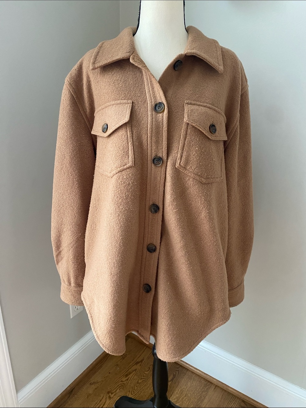 Blank NYC wool blend shacket jacket camel neutral medium oversized layering